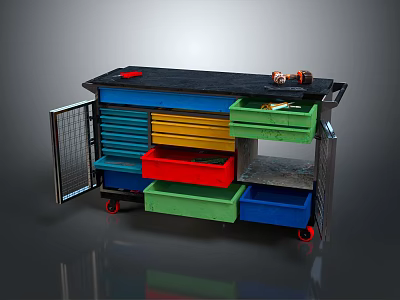 Mobile Functional Workbench With Black Countertop Colorful Drawers And Storage Compartments On Wheels 3d model