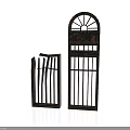 Vintage Iron Gate Components With Short Vertical Slats And Tall Arched Top Grille Design