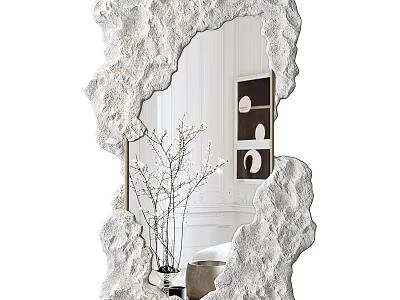 Modern Artistic Mirror With Textured White Frame Reflecting Indoor Plants And Decorative Wall Art 3d model