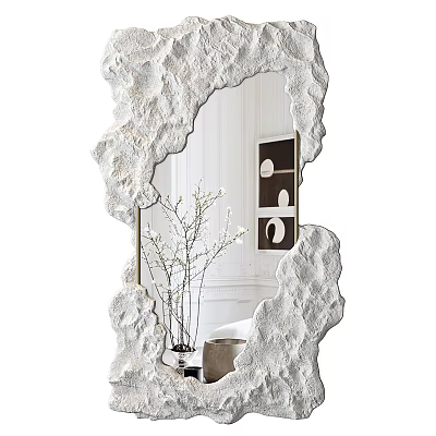 Modern Artistic Mirror With Textured White Frame Reflecting Indoor Plants And Decorative Wall Art 3d model