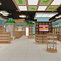Food Specialty Store Interior With Bright Lighting Blue Walls Green Decor And Wooden Shelves