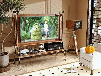 Stylish Wooden TV Stand with Metal Frame Storage Shelves and Speaker in Living Room 3d model