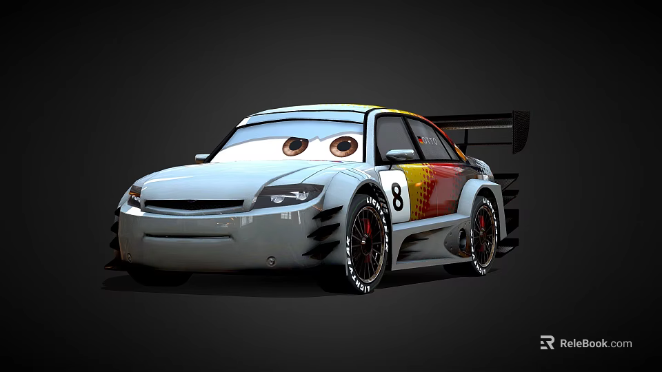 Cartoon Racing Car With Big Eyes Silver Body Red And Yellow Stripes Number 8 3d model 