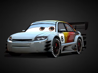 Cartoon Racing Car With Big Eyes Silver Body Red And Yellow Stripes Number 8 3d model