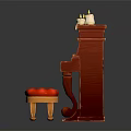 Red Upright Piano With Stool And Candle Decorations On Top