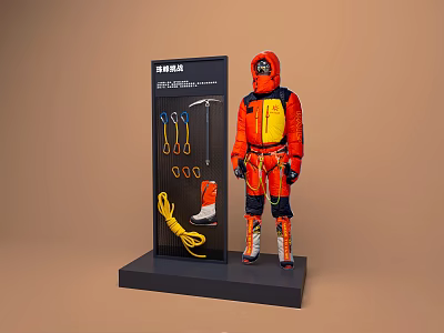 Fire Rescue Equipment Display With Fire Suit Tools Rope And Boots On Exhibition Stand 3d model