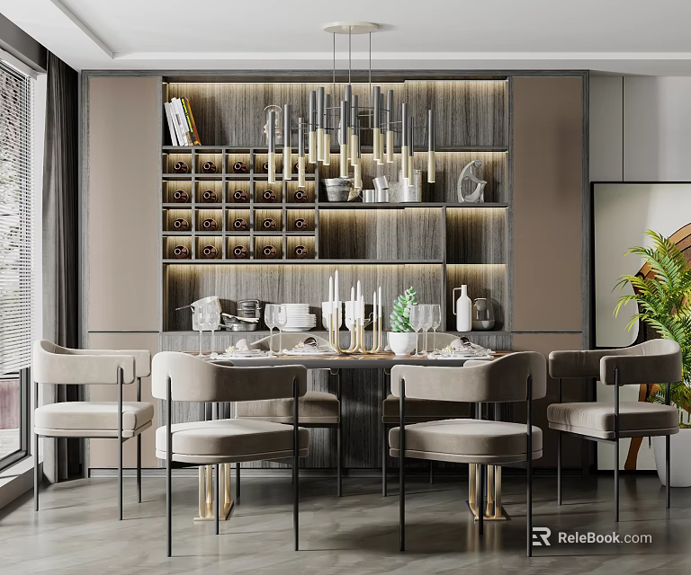 Modern Restaurant Interior with Dining Table Chairs Pendant Lights Wine Cabinet and Green Plants 3d model 