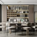 Modern Restaurant Interior with Dining Table Chairs Pendant Lights Wine Cabinet and Green Plants