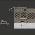 Wooden Cabin With Blue Roof Lattice Windows Picnic Table Steps And Interior With Hay