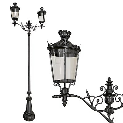 Classic Outdoor Lights With Crown Top Wrought Iron Decoration Black Metal Frame And Glass Shades 3d model
