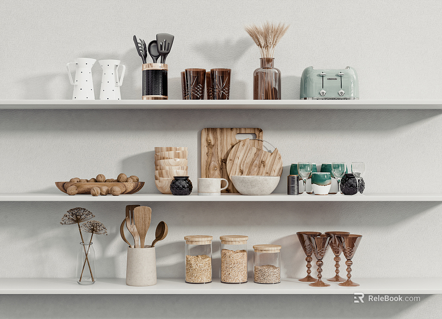 Organized Kitchen Shelves With Wooden Kitchenware Glass Jars And Cooking Utensils 3d model 