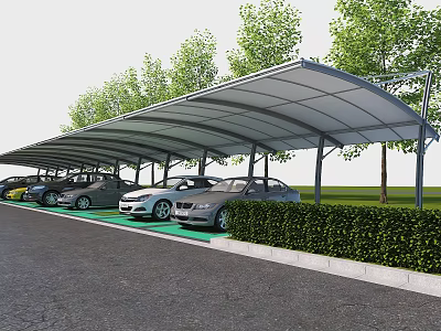 Eco Parking Lot With Covered Canopy Trees Green Hedges And Parked Cars 3d model