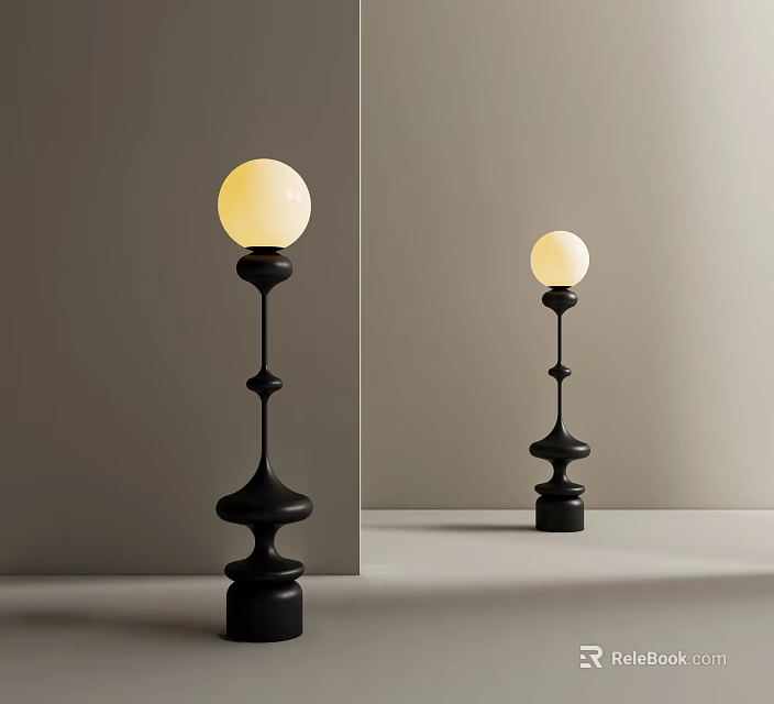 Modern Floor Lamp With Black Frame Spherical Illuminated Shade Against Light Background 3d model