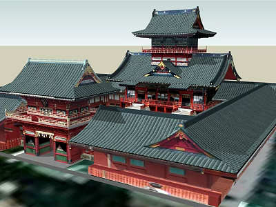 Ancient Traditional Architecture With Tiered Curved Roof And Red Wooden Structure 3d model
