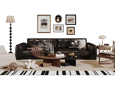 Black Leather Sofa and Coffee Table with Wall Art Floor Lamp and Decorative Pillows 3d model