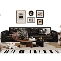 Black Leather Sofa and Coffee Table with Wall Art Floor Lamp and Decorative Pillows