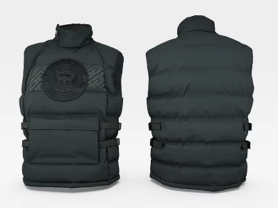 Black Puffer Vest With Emblem Design And Strap Details Front Back View 3d model