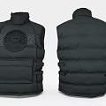 Black Puffer Vest With Emblem Design And Strap Details Front Back View