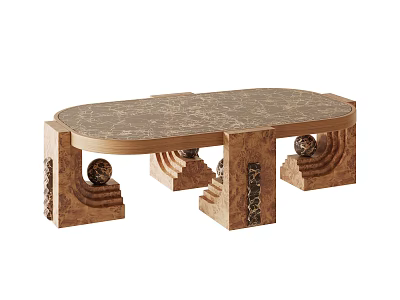 Artistic Retro Coffee Table With Marble Top And Burl Wood Base For Luxury Living Room 3d model