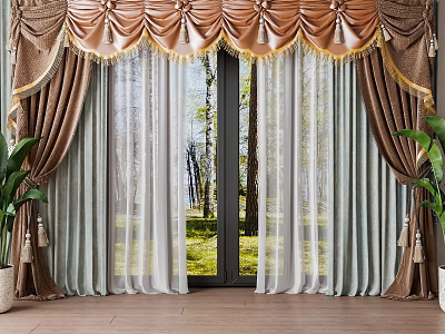 Brown Beige Curtains Pleated Top Tassel Decorations Floor To Ceiling Windows Natural Light Trees Outside 3d model