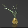 Bonsai Plant with Golden Textured Pot and Long Green Leaves Spiky Tops on Blue Surface
