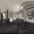 Modern Luxury Display Space With White Counter White Cabinets Bright Lighting And Dark Flooring