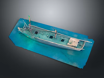 Detailed Miniature Watercraft Model With Green Hull Mast And Blue Water Base 3d model