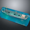 Detailed Miniature Watercraft Model With Green Hull Mast And Blue Water Base