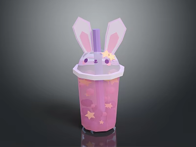 Adorable Pink Rabbit Ear Lid Cup With Star Patterns And Straw 3d model