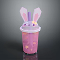 Adorable Pink Rabbit Ear Lid Cup With Star Patterns And Straw 3d model