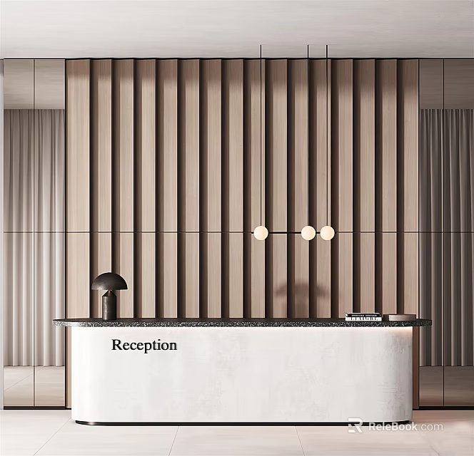 Modern Reception Desk With Wooden Vertical Slat Wall Hanging Lights White Countertop Black Lamp 3d model 