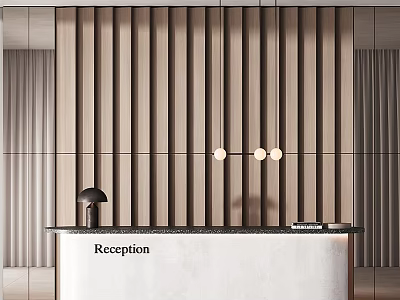 Modern Reception Desk With Wooden Vertical Slat Wall Hanging Lights White Countertop Black Lamp 3d model