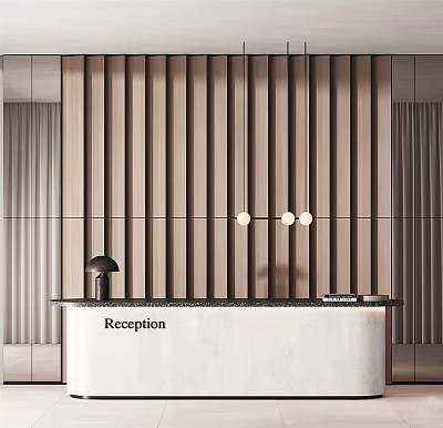 Modern Reception Desk With Wooden Vertical Slat Wall Hanging Lights White Countertop Black Lamp 3d model