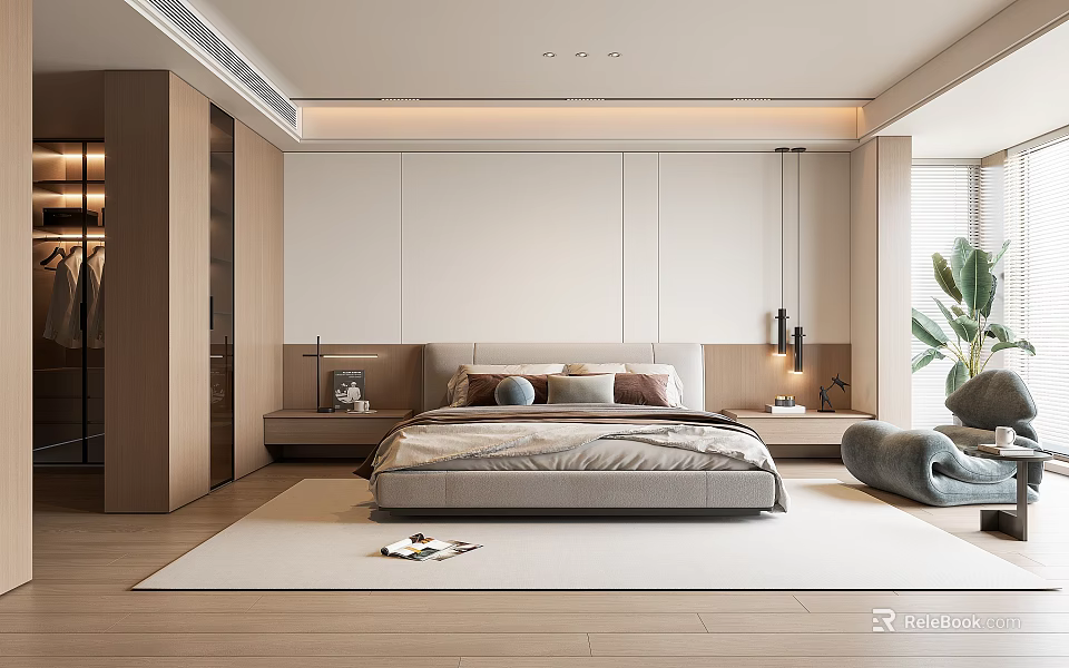 Modern Minimalist Bedroom Interior Design With Large Bed Wooden Nightstands And Area Rug 3d model 