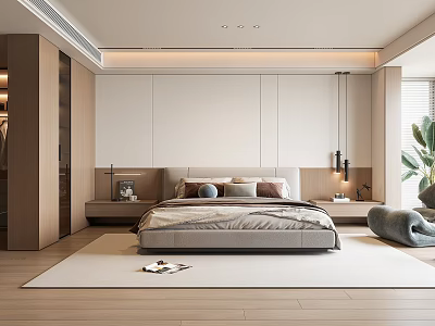Modern Minimalist Bedroom Interior Design With Large Bed Wooden Nightstands And Area Rug 3d model
