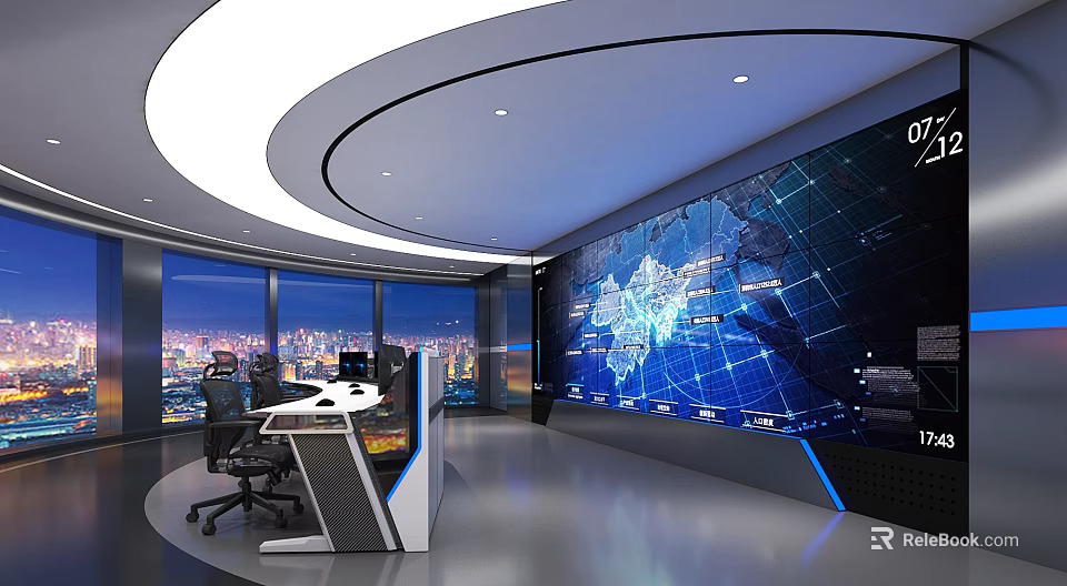 Modern Control Room With Large World Map Display Console And Night City View 3d model 