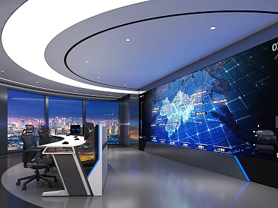 Modern Control Room With Large World Map Display Console And Night City View 3d model