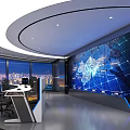 Modern Control Room With Large World Map Display Console And Night City View 3d model