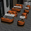 Modern Restaurant Table And Chair Set With Orange Sofa Booths White Tables And Golden Frames
