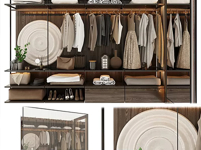 Modern Wardrobe Interior Design With Hanging Clothes Bags Shoes And Decorative Plates 3d model