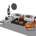 Modern Sofa Coffee Table Set With Orange Pillows Accent Chair And Round Wall Decor 3d model