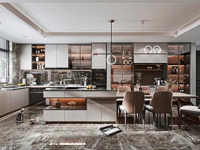 Modern Open Kitchen Interior Design With Island Cabinets Dining Table And Chairs 3d model