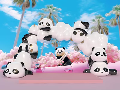 Cute Panda Inflatable Arch Decoration With Pink Flowers Palm Trees And Blue Sky 3d model