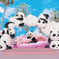 Cute Panda Inflatable Arch Decoration With Pink Flowers Palm Trees And Blue Sky