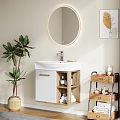 Bathroom Vanity Interior With Round Illuminated Mirror White Cabinet Wooden Shelf And Green Plant