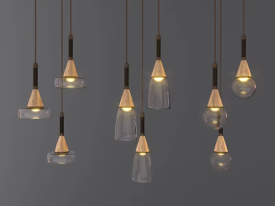 Multiple Pendant Lights with Different Shaped Glass Shades Some Lit Some Unlit Against Gray Background 3d model