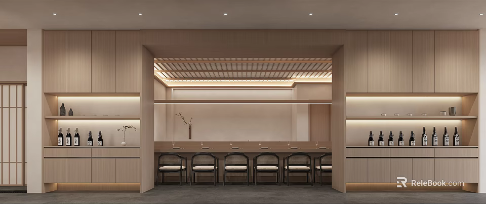 Modern Restaurant Interior Design With Wooden Walls Row Of Chairs And Ceiling Lights 3d model 