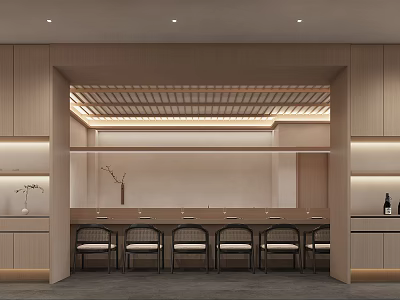Modern Restaurant Interior Design With Wooden Walls Row Of Chairs And Ceiling Lights 3d model