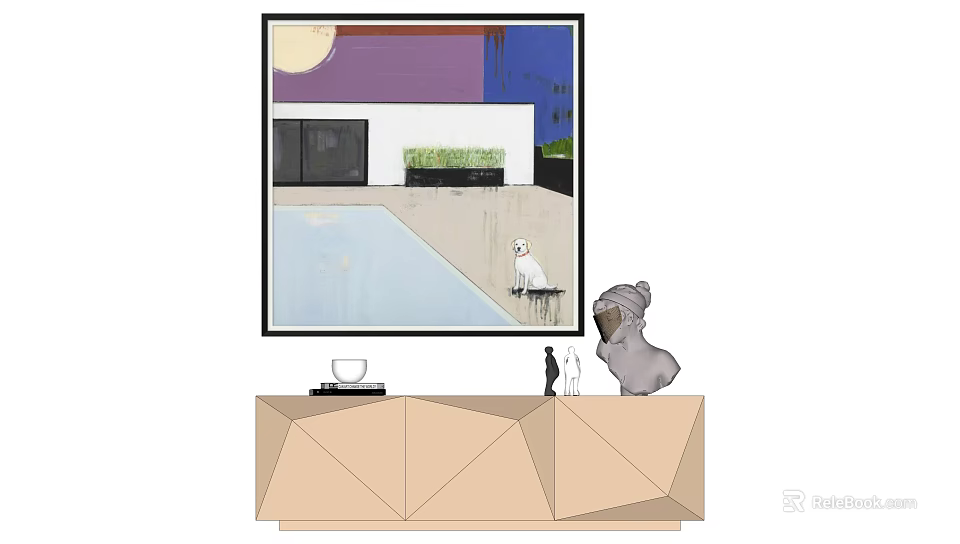 Stylish Interior With Geometric Cabinet Artwork Dog And Decor Items 3d model 