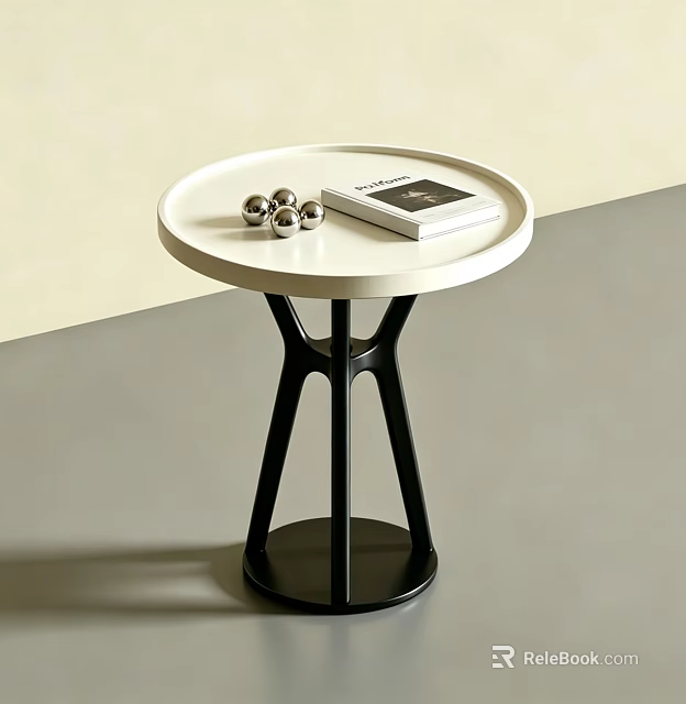 Modern Side Table With White Round Top Black Base Magazine And Metallic Balls 3d model 